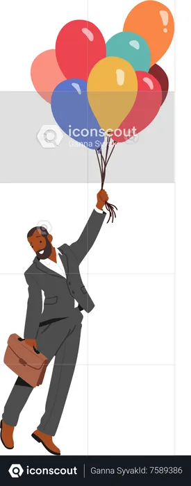 Businessman Character Soars Through The Sky On A Cluster Of Colorful Balloons  Illustration