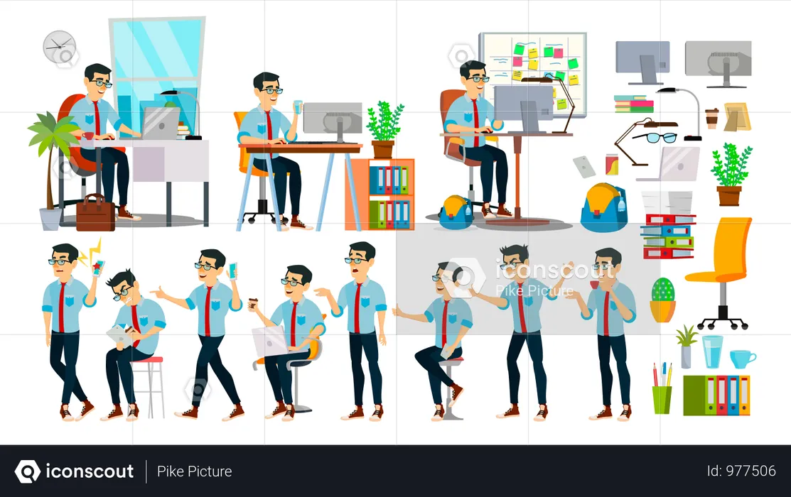 Businessman Character Working In Office  Illustration