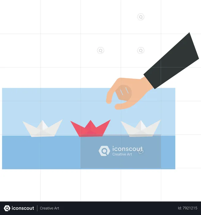 Businessman chooses a red paper boat  Illustration