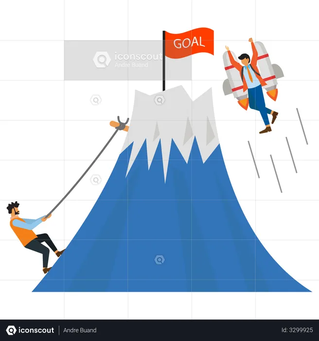 Businessman climb the cliff and ride the jetpack to reach the target  Illustration