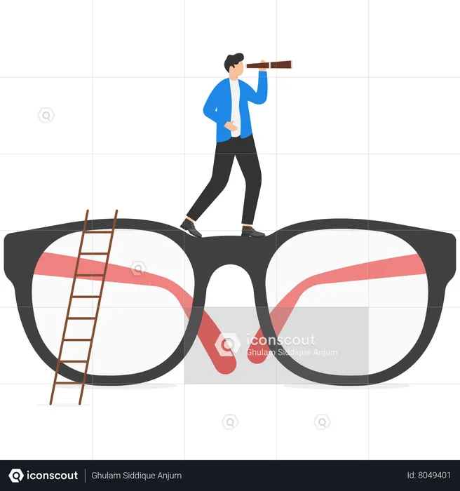 Businessman climb up big eyeglasses see vision on binoculars  Illustration