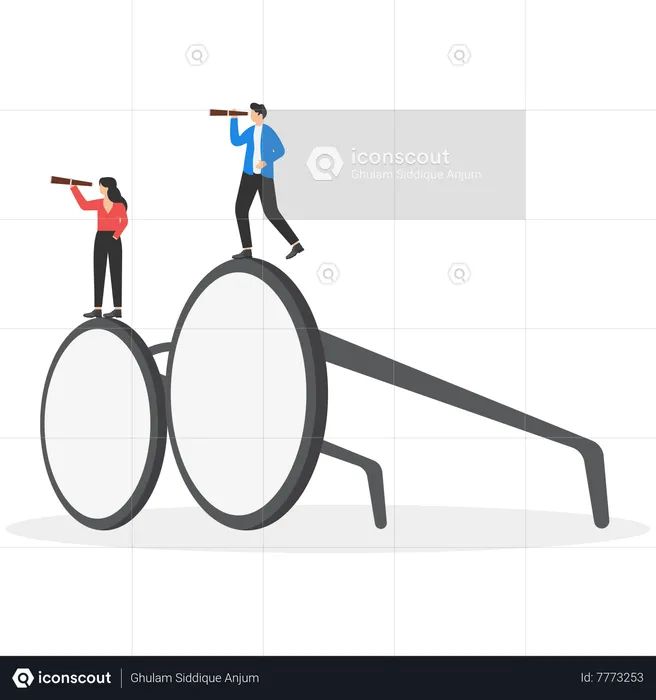 Businessman climb up big eyeglasses see vision on telescope  Illustration