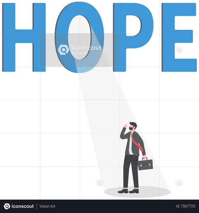 Businessman climb up ladder in the dark to see light beam hope  Illustration