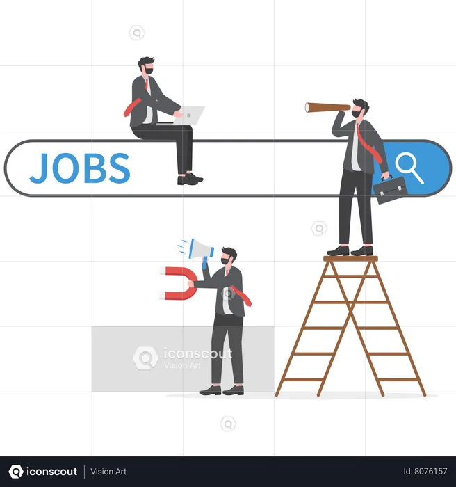 Businessman climb up ladder of job search bar with Hold binoculars to see job opportunities  Illustration