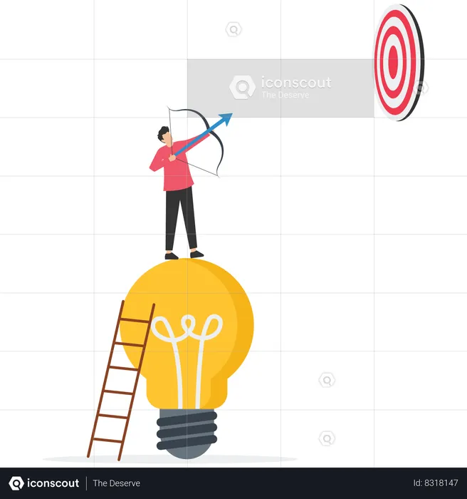 Businessman climb up ladder on light bulb idea to shoot at target  Illustration