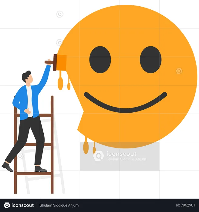 Businessman climb up ladder to paint of positive emoticon  Illustration