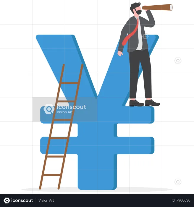 Businessman climb up ladder to top on Japanese yen sign using telescope to see future vision  Illustration