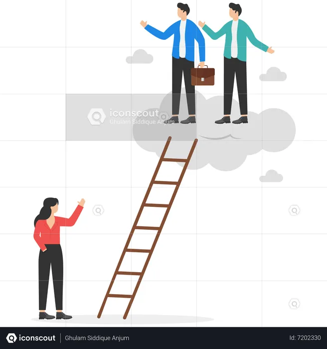 Businessman climb up ladders up the clouds with no space left for woman  Illustration