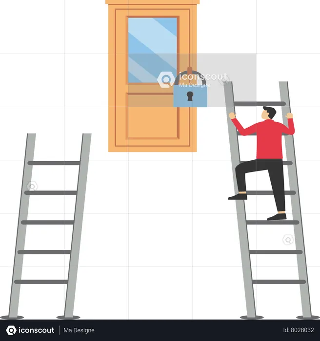 Businessman climbed ladder to success and problem  Illustration