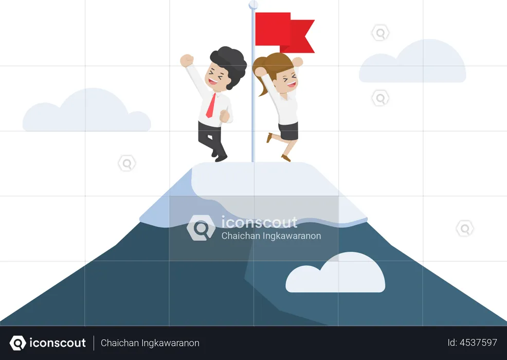 Businessman Climbed to The Top of Mountain. Business Success and Leadership Concept.  Illustration