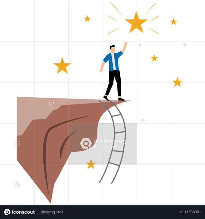 Businessman climbed to the top of the mountain to reach the big star  Illustration