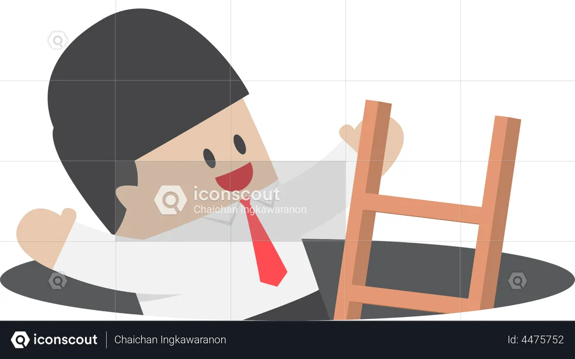 Businessman climbing a ladder out from a hole  Illustration