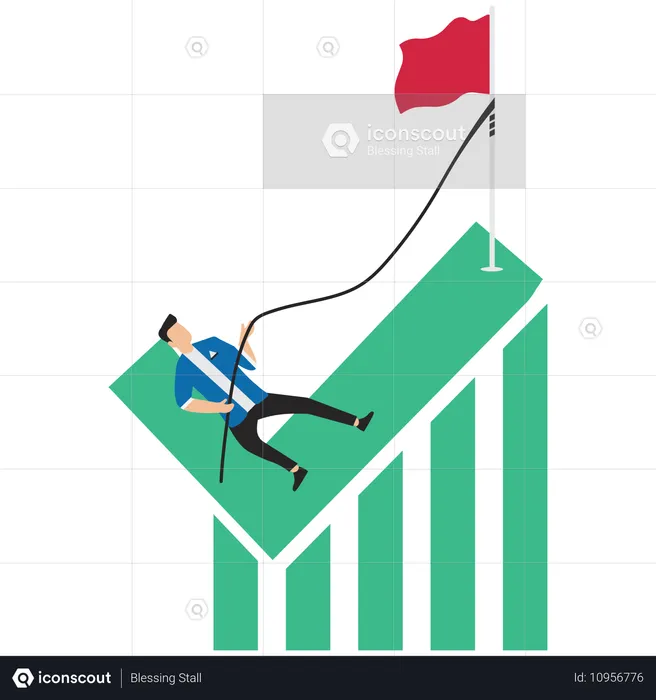 Businessman climbing check mark sign to reach flag at peak  Illustration