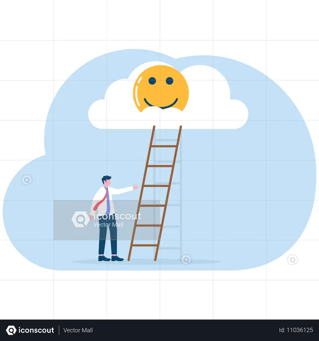 Businessman climbing ladder to grab optimistic  Illustration