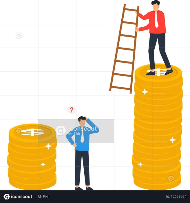 Businessman Climbing Ladder to Reach Higher Coin Stack Financial Growth  Illustration