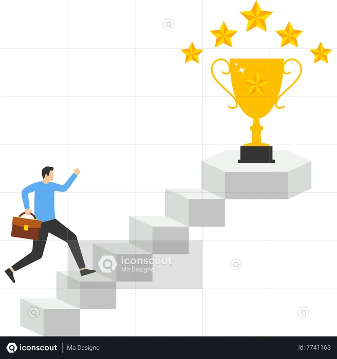 Businessman climbing ladder to top for prize of valuable trophy  Illustration