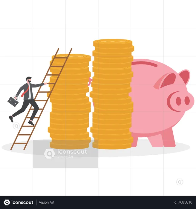 Businessman climbing ladder to top of stack of money coins rich and wealthy goals  Illustration
