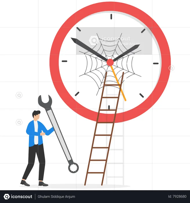 Businessman climbing on wrench to repair broken clock  Illustration