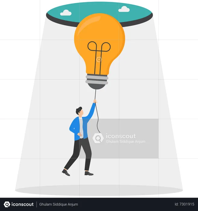 Businessman climbing rope from light bulb idea to escape prison fish bowl  Illustration