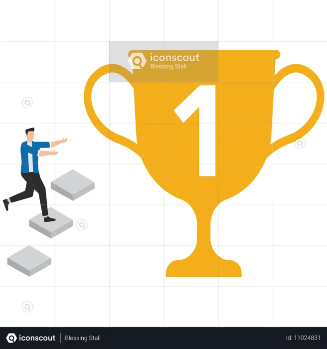 トロフィーを獲得するために階段を登るビジネスマン  イラスト