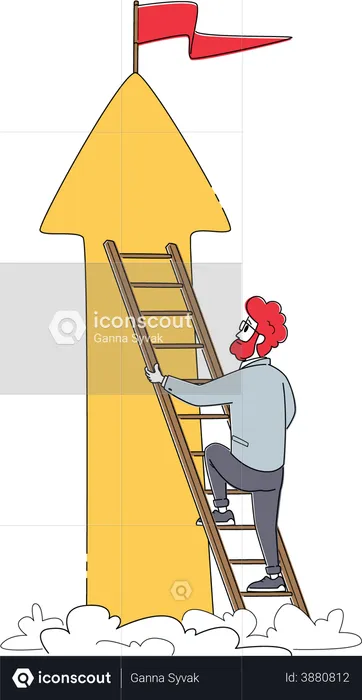 Businessman climbing stairs towards goal  Illustration