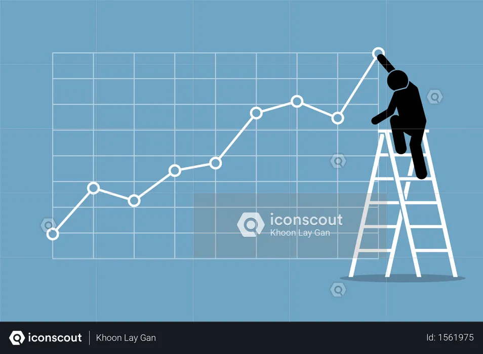 Businessman climbing up on a ladder to adjust an uptrend graph chart on a wall  Illustration