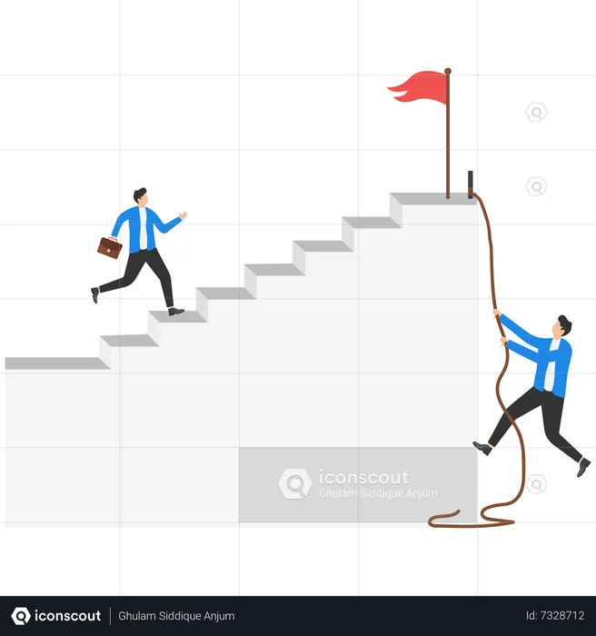 Businessman climbs an elevator when another climbs with rope  Illustration
