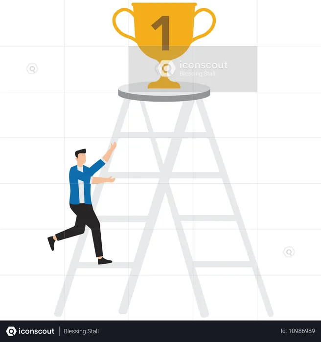 ビジネスマンはチャンピオンシップのトロフィーに到達するために一生懸命に小さなはしごを登ります  イラスト