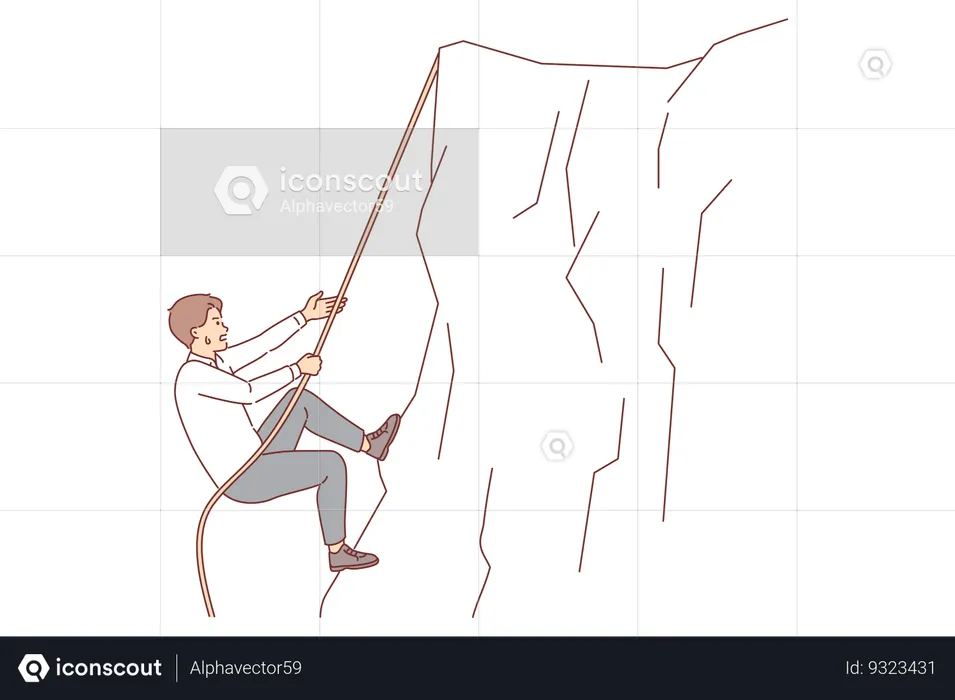 Businessman climbs up cliff taking on difficult challenge does not stop trying to achieve goal  Illustration