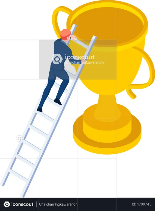 Businessman Climbs Up Ladder To The Trophy  Illustration