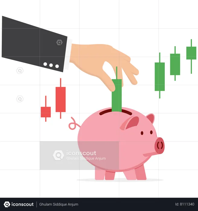 Businessman collect profits from green candlesticks in a piggy bank  Illustration