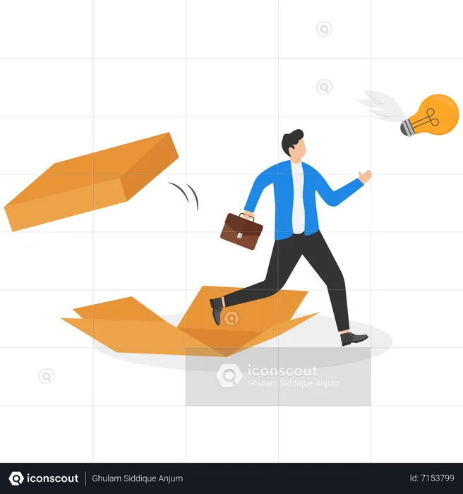 Businessman come out from box and chase to innovative idea  Illustration