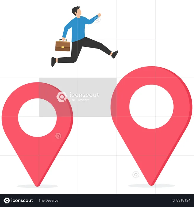 Businessman company owner jumping from map navigation pin to new one metaphor of relocation  Illustration