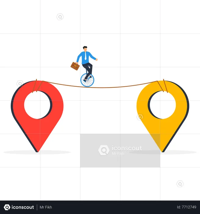 Businessman company owner riding unicycle from map navigation pin to new one metaphor of relocation  Illustration