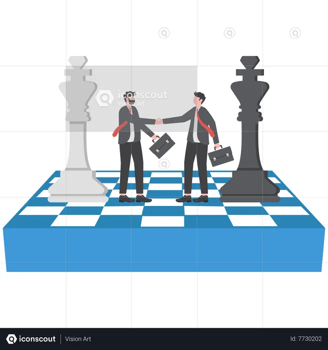 Businessman competitors standing on chess handshaking after finish agreement  Illustration