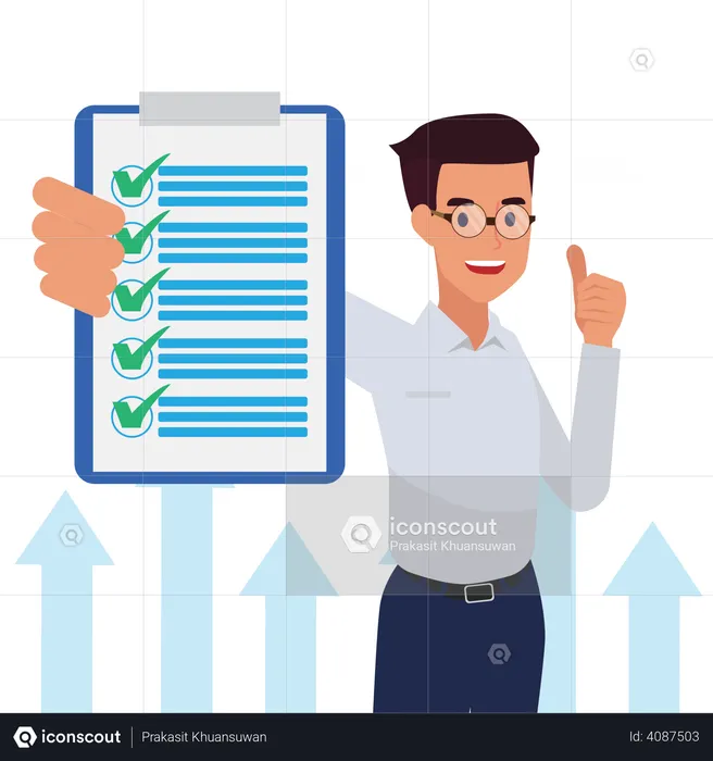 Businessman complete list and showing thumbs up  Illustration