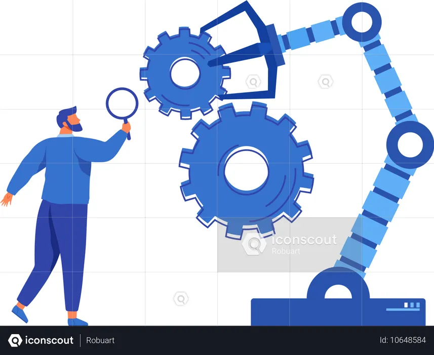 Businessman conducts experiment with mechanical arm. Artificial intelligence for startup development  Illustration