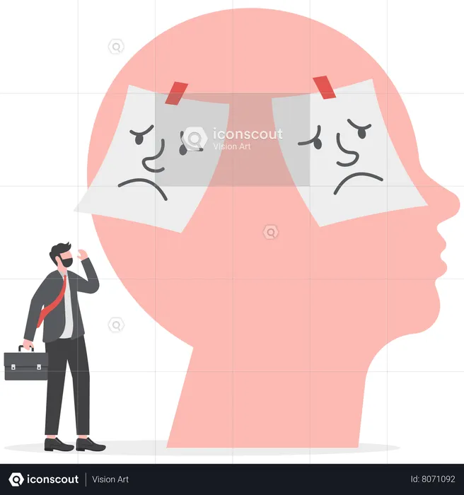 Businessman confused mixed emotions of happiness and sadness  Illustration
