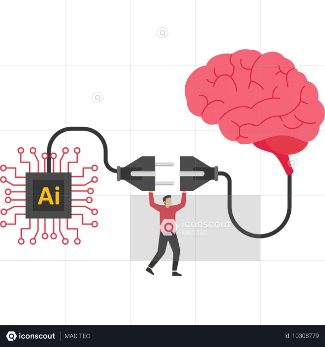 Businessman connect human brain with AI chip processing unit  Illustration