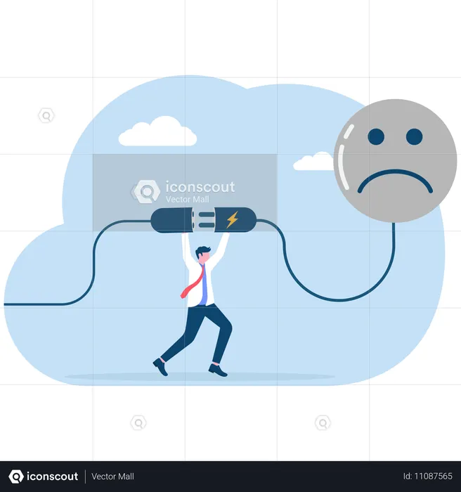 Businessman connect plug with bad mood to power socket  Illustration