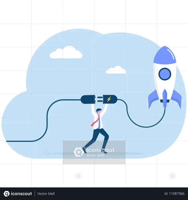사업가가 신제품 출시를 위해 로켓을 충전하기 위해 로켓과 플러그를 전원 소켓에 연결  일러스트레이션