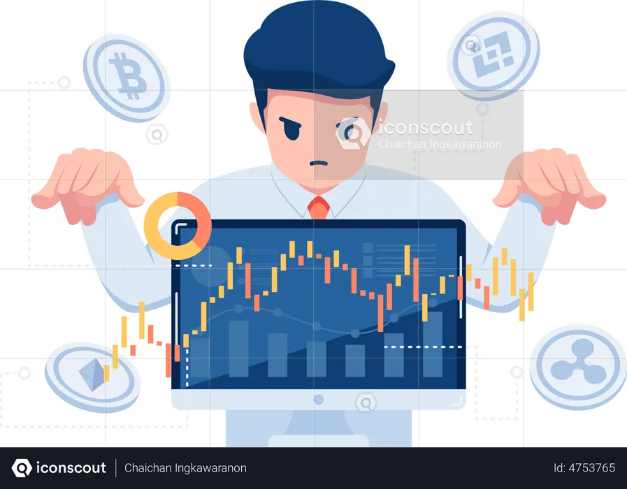 Businessman Controlling Cryptocurrency Trading Market  Illustration