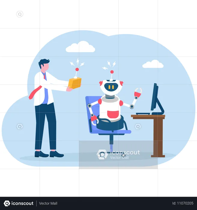 Businessman controlling robot at office desk with remote control  Illustration