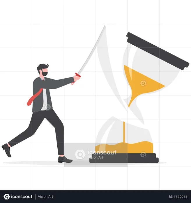 Businessman cuts an hourglass with a knife  Illustration