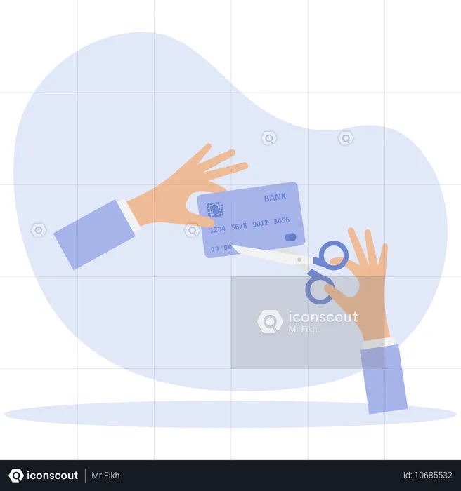 ビジネスマンがクレジットカードをハサミで切り取る  イラスト