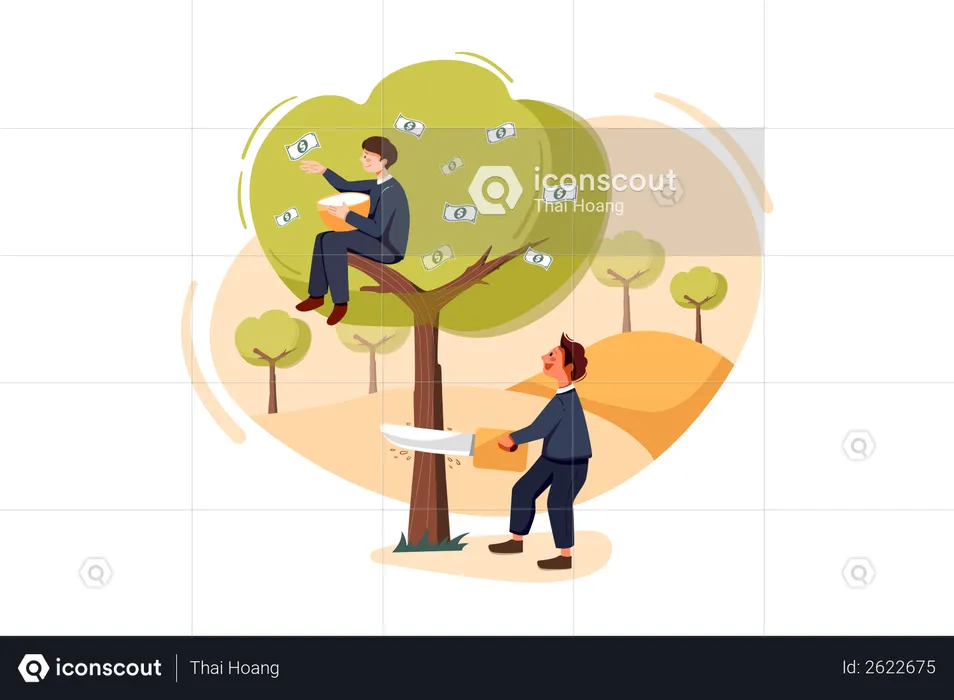 Businessman cutting profit tree of competitor  Illustration