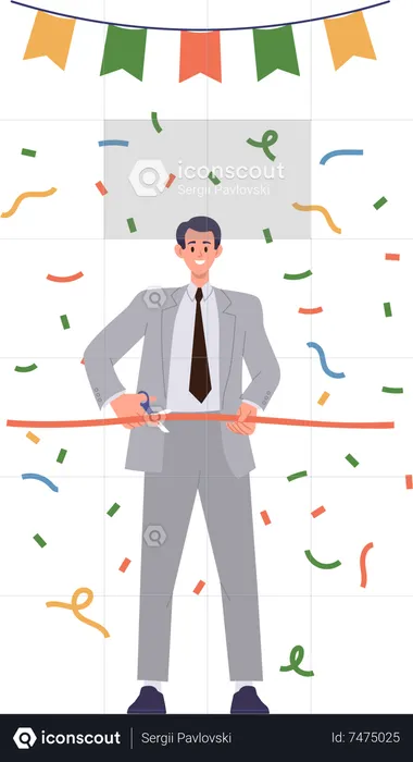 Businessman cutting ribbon celebrating grand opening event  Illustration