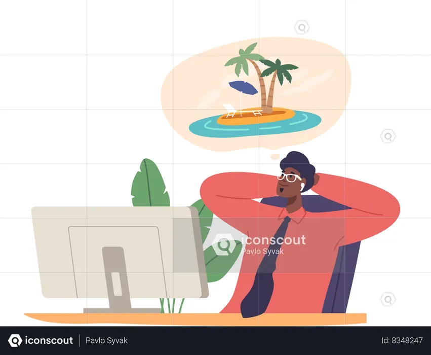 Businessman daydream to a serene tropical island  Illustration