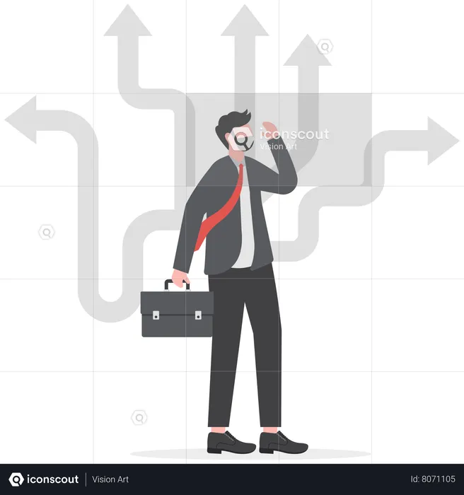 Businessman decision which way with arrows pointing to many directions  Illustration