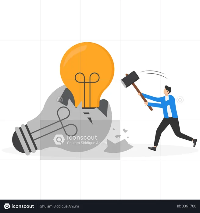 Businessman demolishing old ideas and making new ideas  Illustration